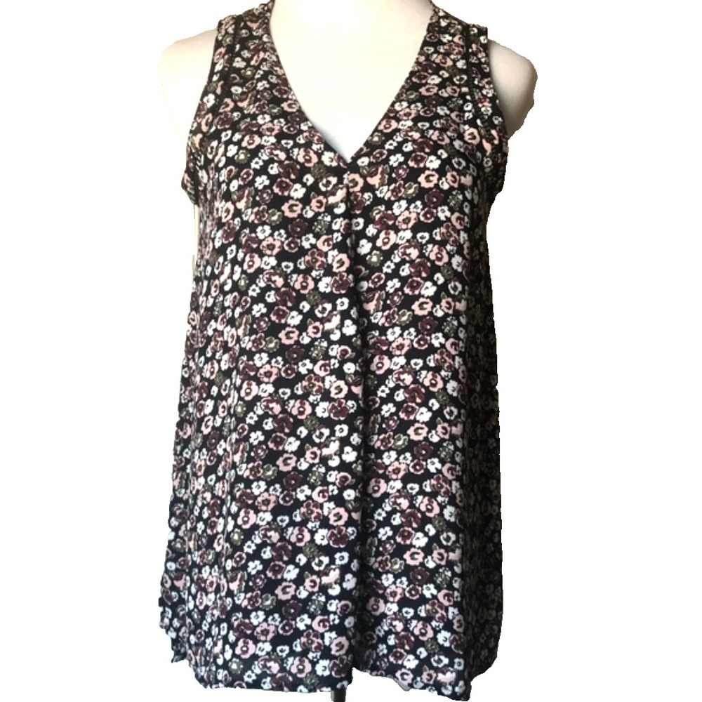 JOE FRESH Blue/Mauve/Olive FLORAL TANK TOP BLOUSE Flowy Georgette V-NECK sz M